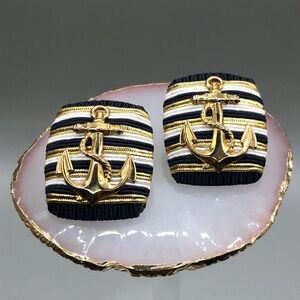 Vintage Nautical Anchor Statement Size Big Fabric Earrings Gold Navy 80's